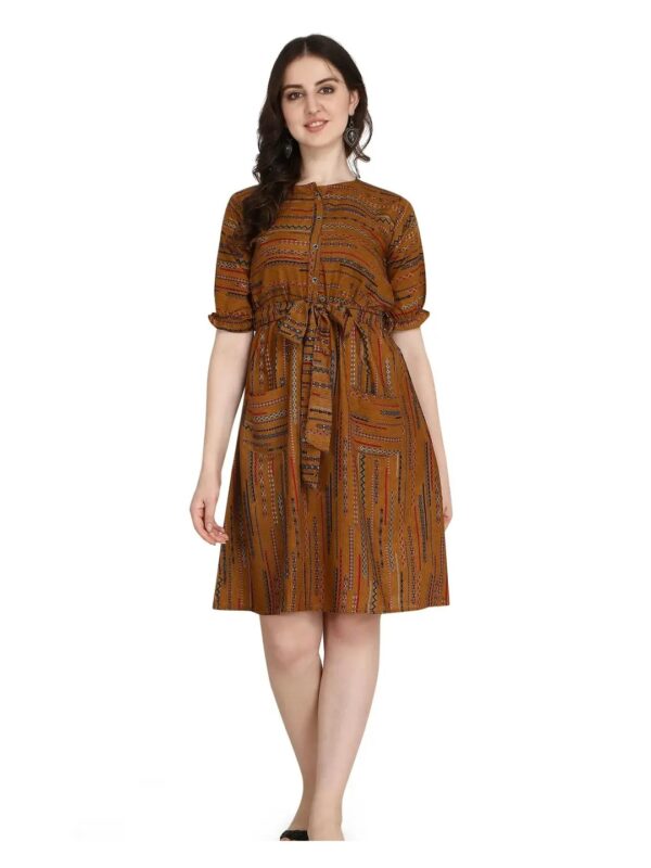 Brown Printed Ruched Tie-Up Mini Dress for Women