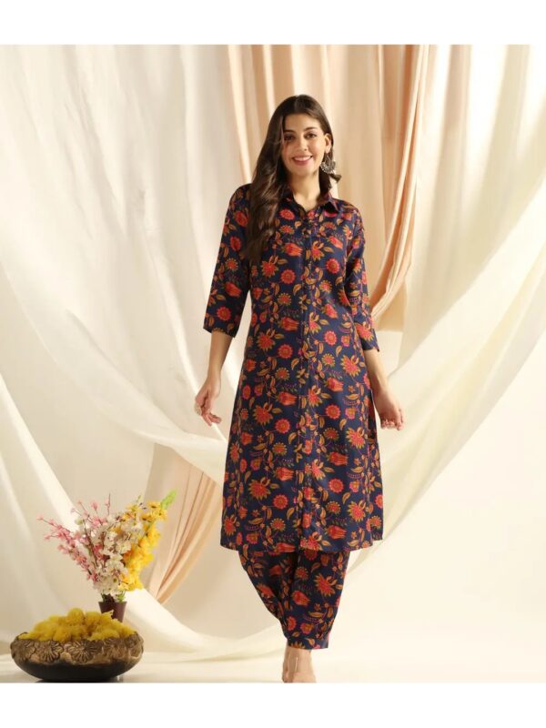 Navy Blue Floral Kurta Co-ord Set for Women