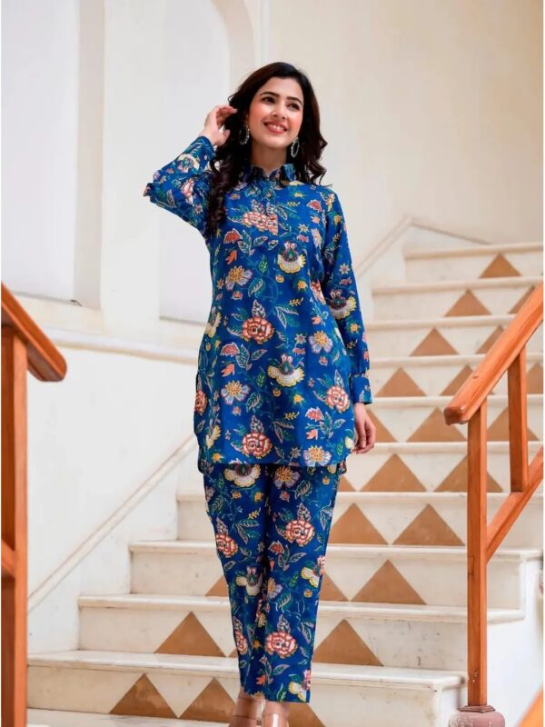Blue Floral Printed Co-ord Kurta Set for Women