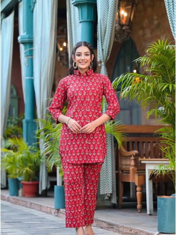 Ethnic Printed Red Co-ord Kurti Set for Women