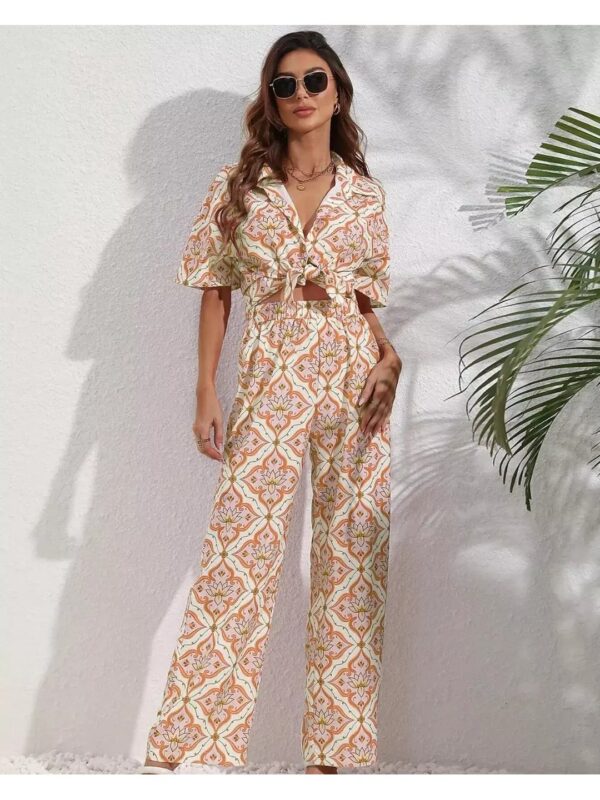 Beige Ethnic Printed Shirt Co-ord Set for Women