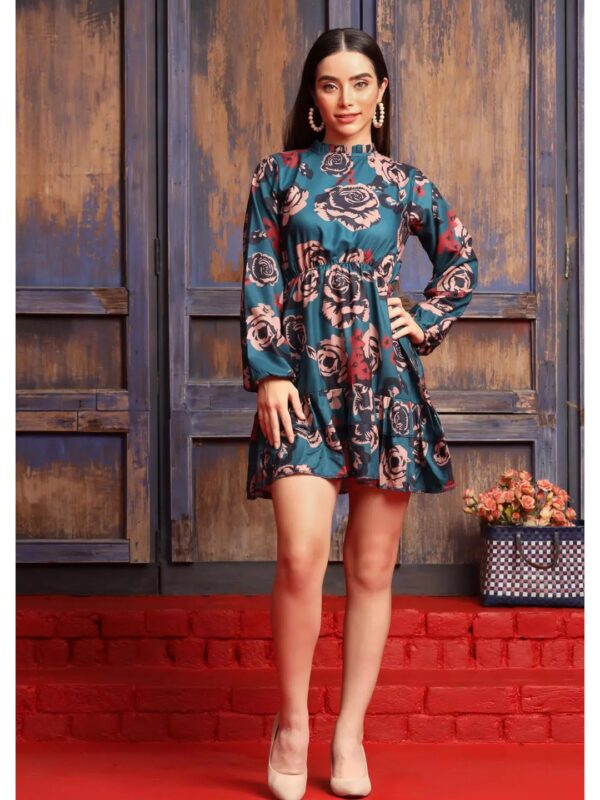 Dark Green Floral Mini Dress for Women