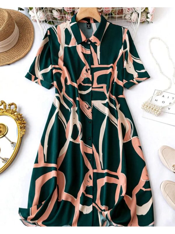 Dark Green Printed Midi A-line Shirt Dress for Women