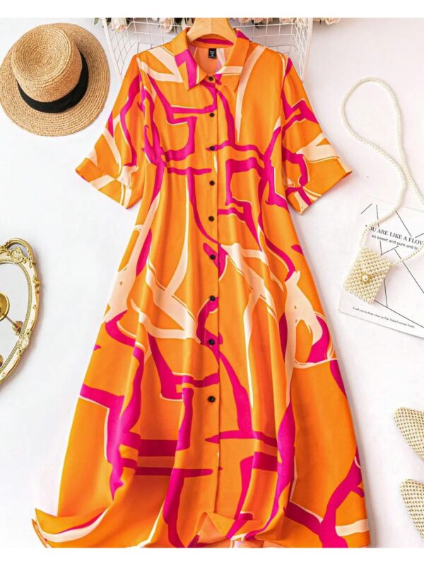 Orange Printed Midi A-line Shirt Dress for Women