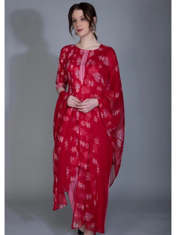 Red Printed Straight Kurta Set for Women