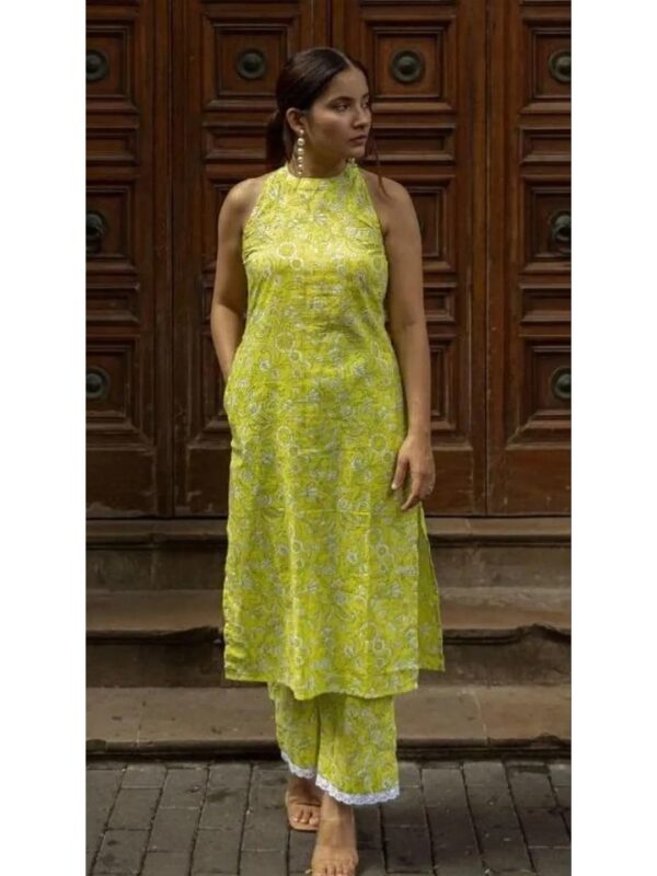 Green Floral Halter Neck Kurta Set for Women