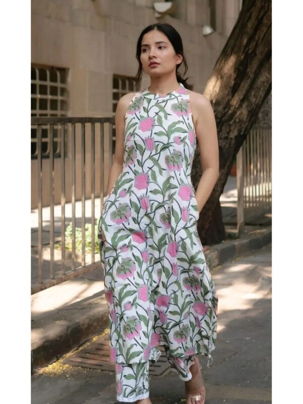 White Floral Halter Neck Kurta Set for Women