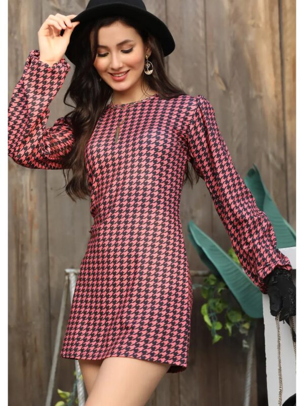 Maroon Houndstooth Mini Bodycon Dress for Women