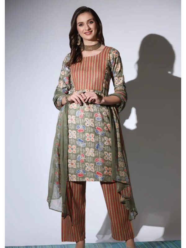 Olive Green Ethnic Motifs Straight Kurta Set for Women