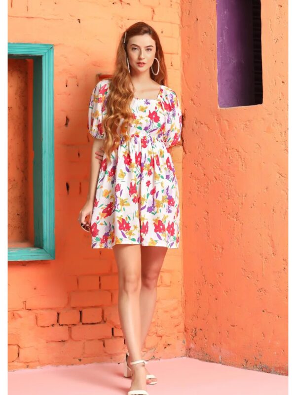 White Floral Mini A-line Dress for Women