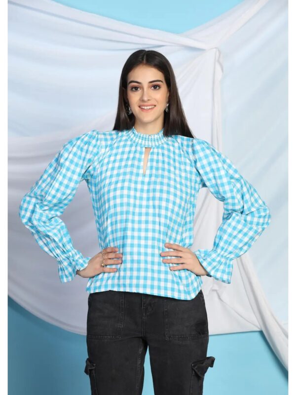 Solid Long Sleeve Checked Top for Women