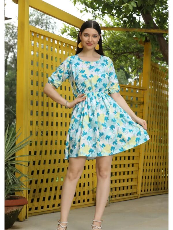 Sky Blue Floral A-line Mini Dress for Women