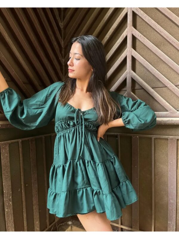 Dark Green A-line Mini Tiered Dress for Women