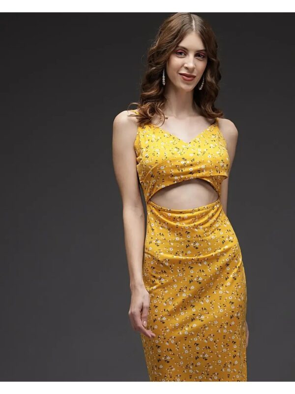 Yellow Floral Cut-out Midi Dress for Women