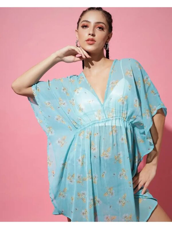 Blue Printed Mini Kaftan Dress for Women