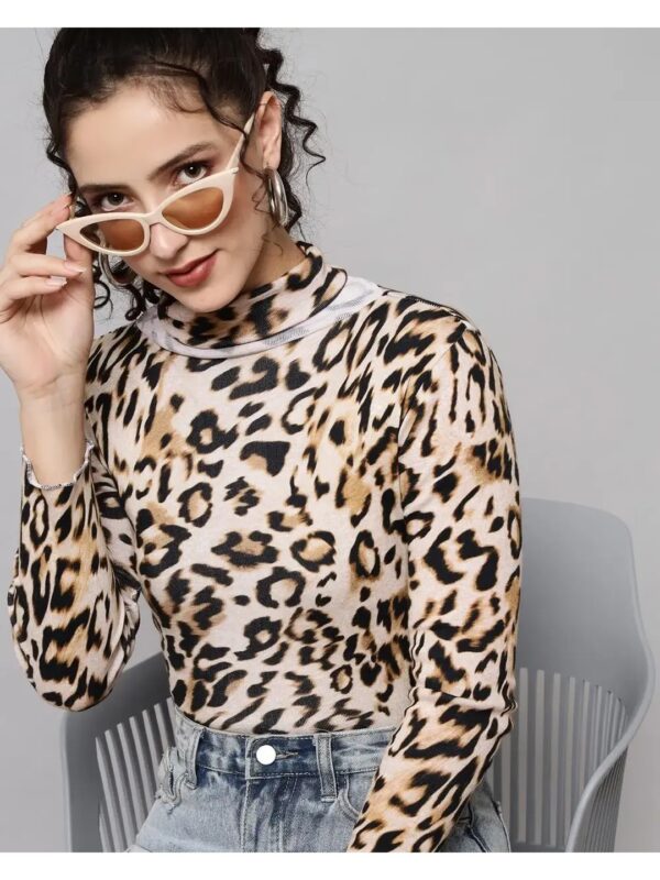 White Leopard Turtle Neck Top for Women