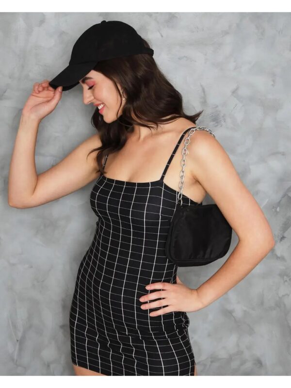 Black Checked Mini Bodycon Dress for Women