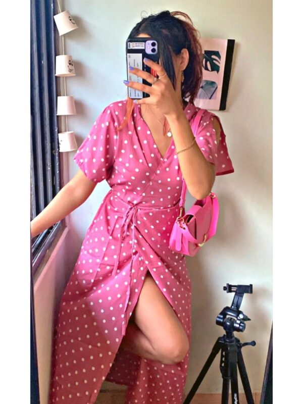 Pink Polka Dot Wrap Midi Dress for Women