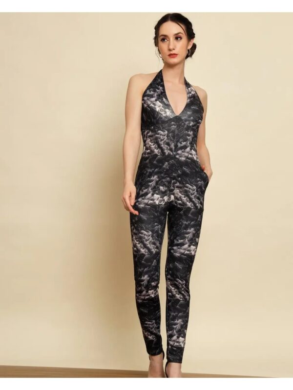 Black Tie-Dye Halter Neck Jumpsuit for Women