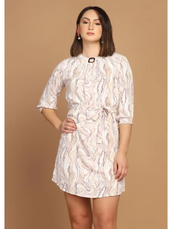 Cream Printed Tie-Up Mini Dress for Women