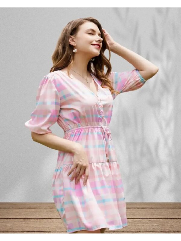 Pink Checked Fit and Flare Mini Dress for Women