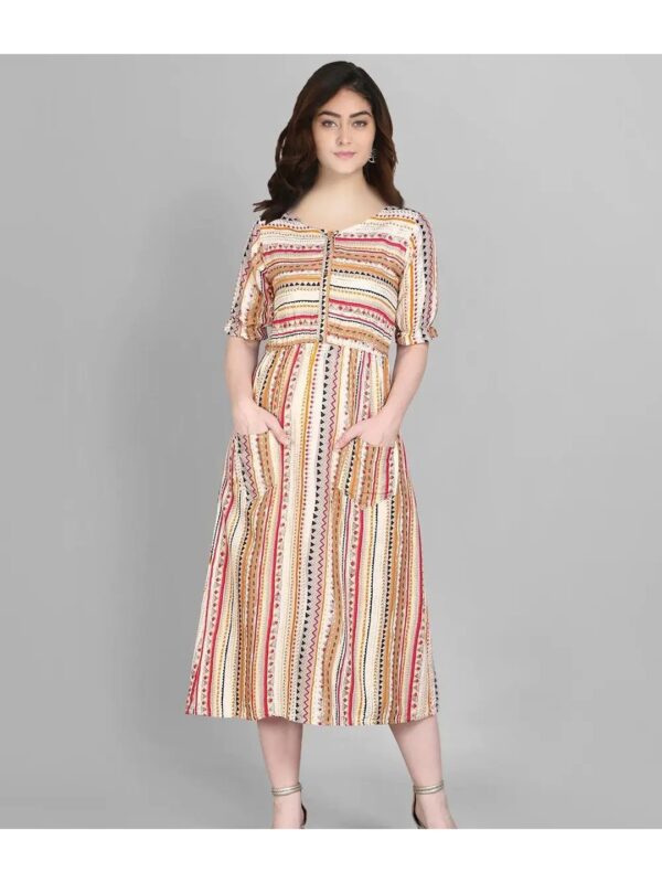 Cream Striped Midi A-line Dress for Women