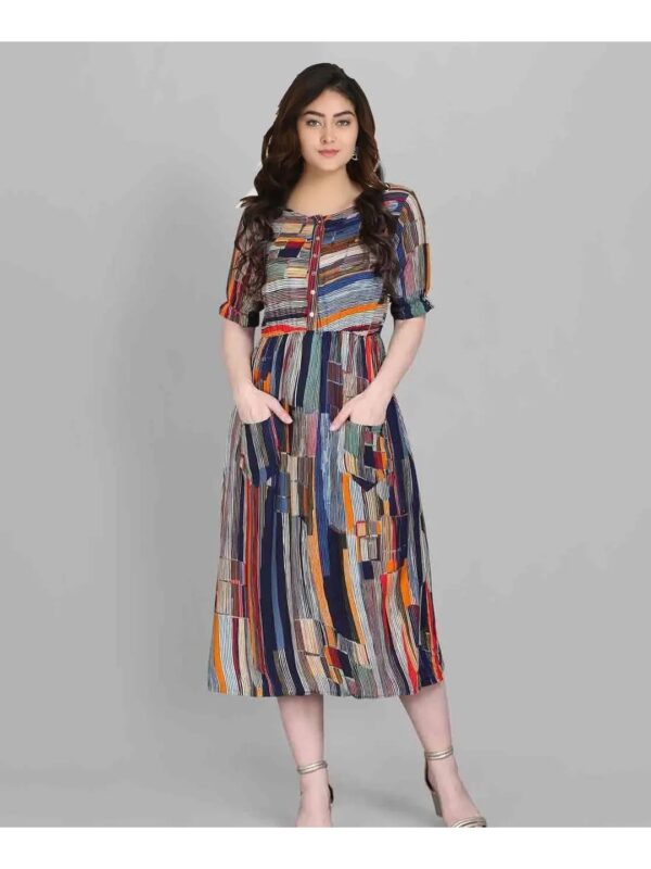 Navy Blue Striped Midi A-line Dress for Women