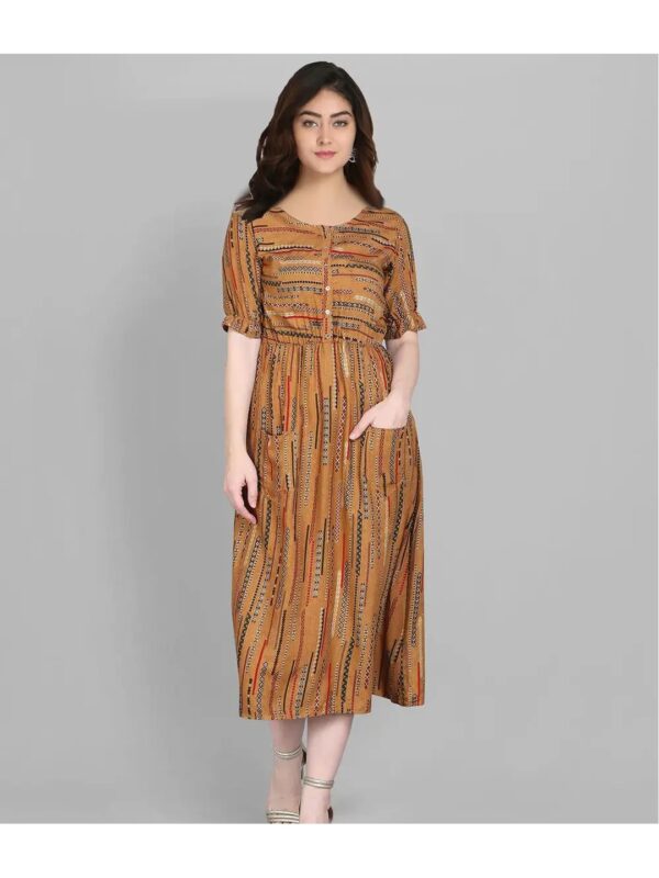 Brown Striped Midi A-line Dress for Women