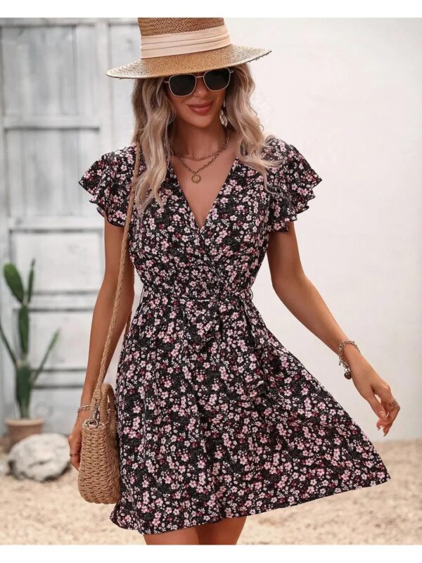 Black Floral Mini Wrap Dress for Women
