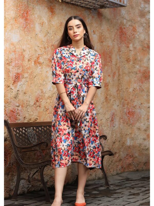 Red Floral Midi Shirt Dress for Women