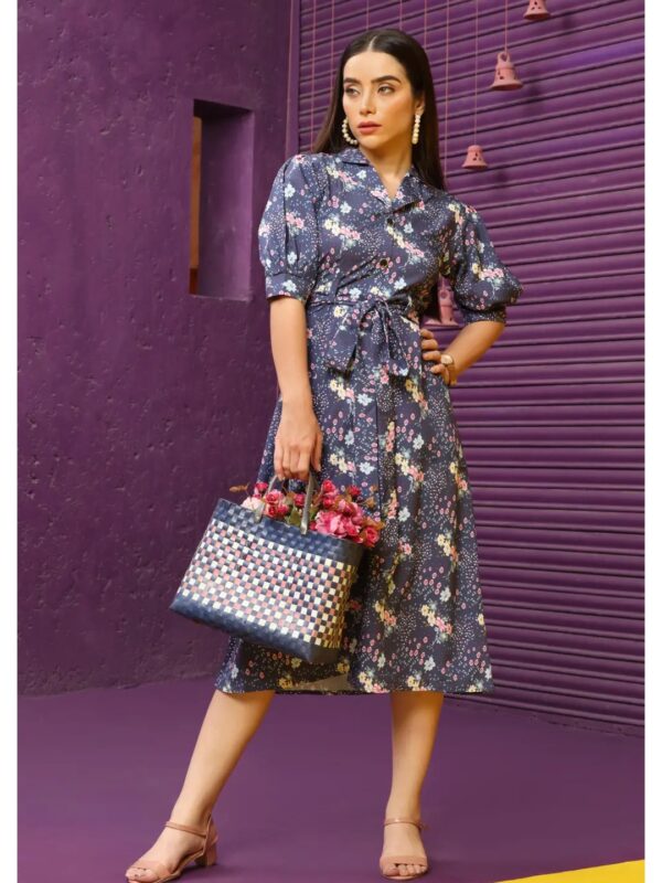Navy Blue Floral Midi Shirt Dress for Women