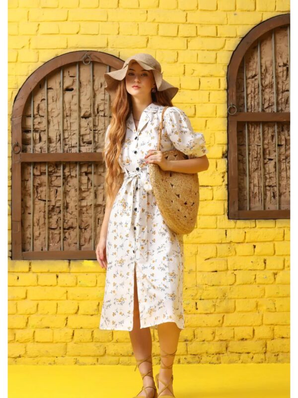 White Floral Midi Shirt Dress for Women