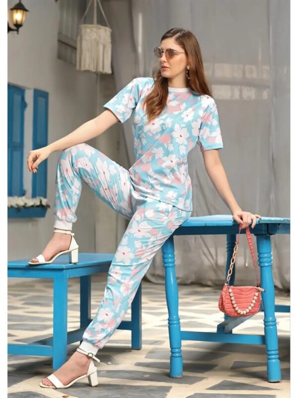 Blue Floral T-shirt and Pants Co-ord Set for Women