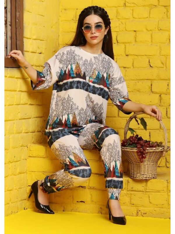 Cream Floral T-shirt and Pants Co-ord Set for Women