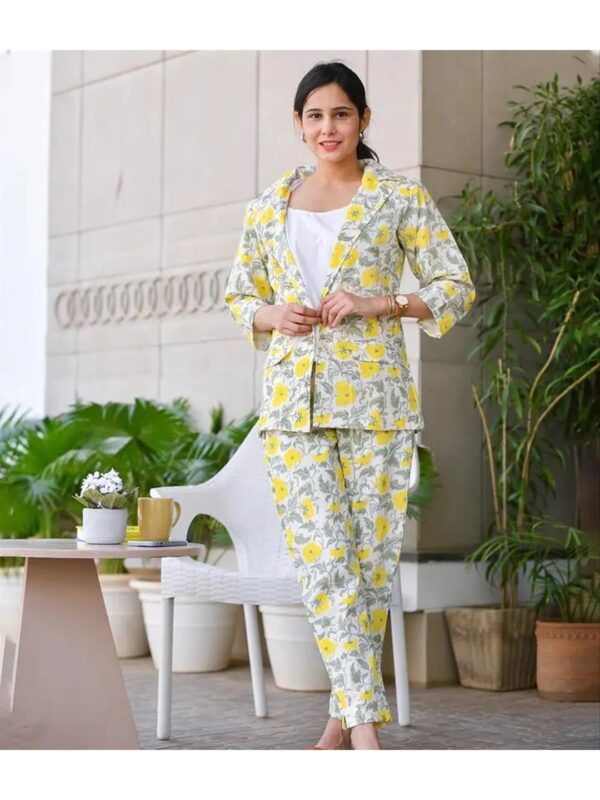 Yellow Floral Blazer and Pants Co-ord Set for Women