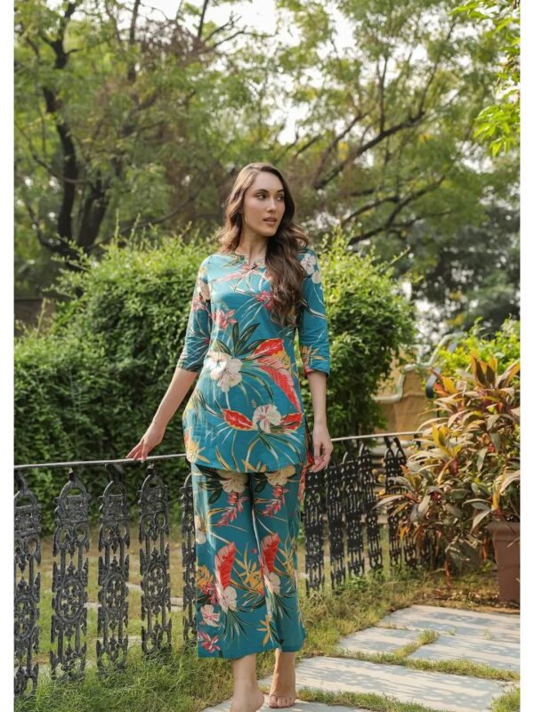 Teal Floral Tunic Kurta Set for Women
