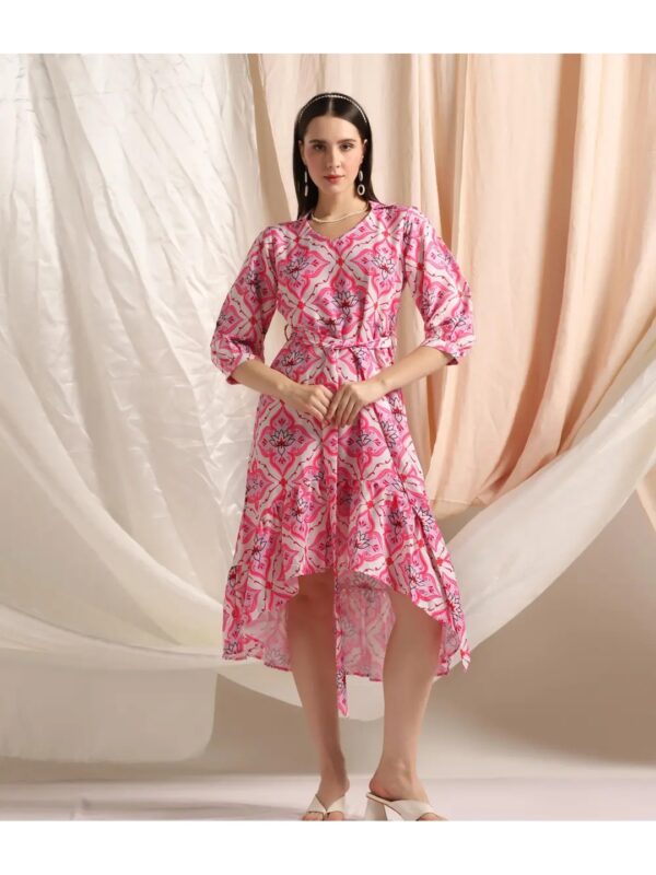 Pink Printed High Low Midi Dress for Women