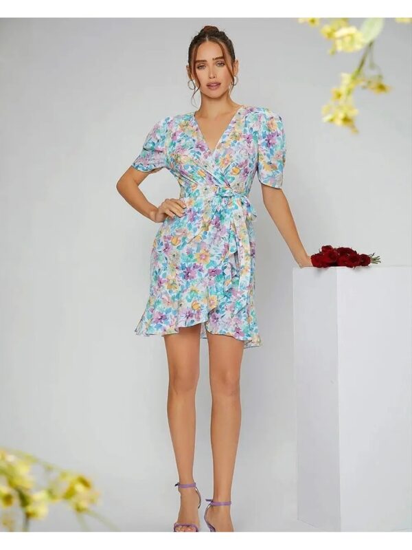 Blue Floral Mini Wrap Dress for Women