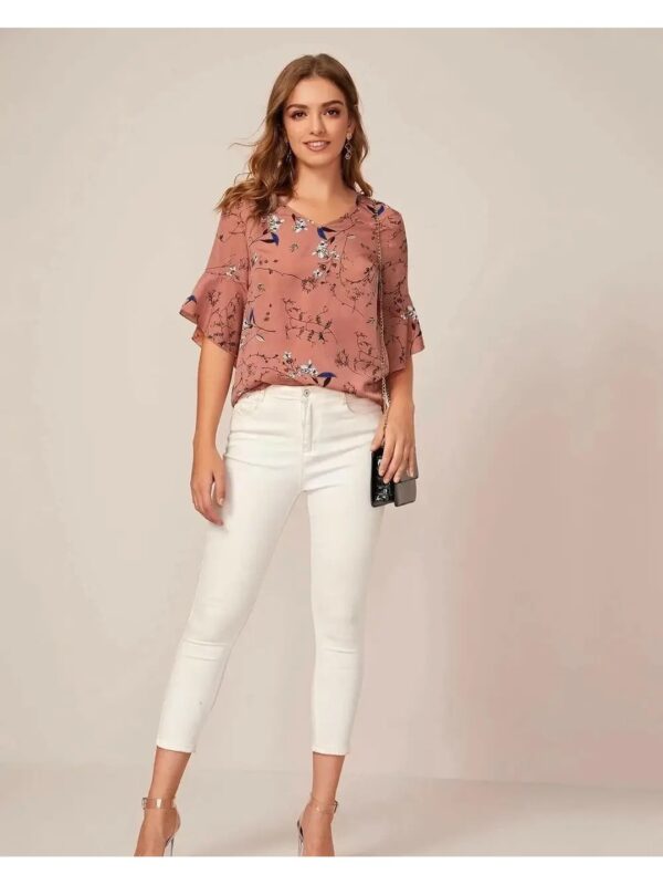 Peach Floral Ruffle Top for Women