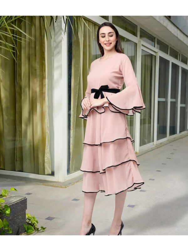 Pink Contrast Tie-Up Midi Ruffle Dress for Women