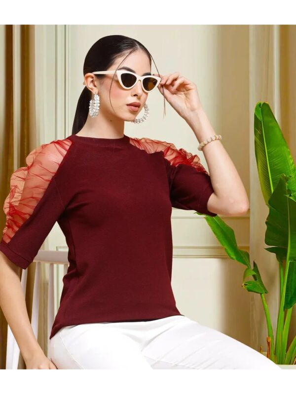 Maroon Puff Sleeve Regular Top for Women