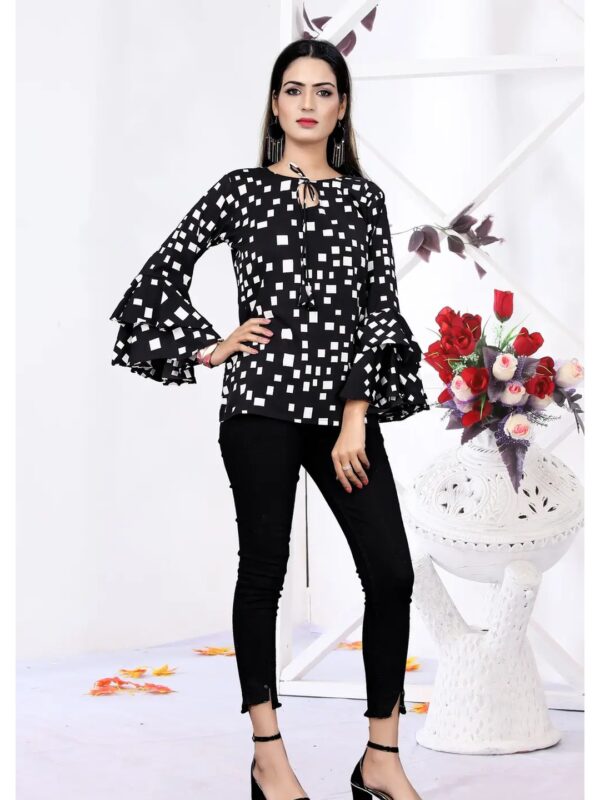 Black Printed Tie-up Ruffle Top for Women