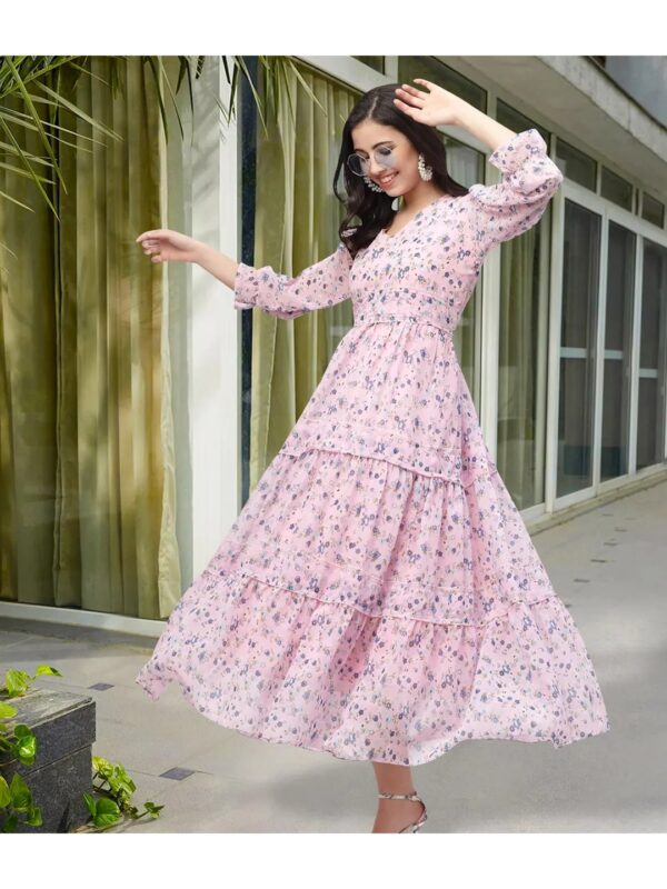 Pink Floral Midi Tiered Dress for Women