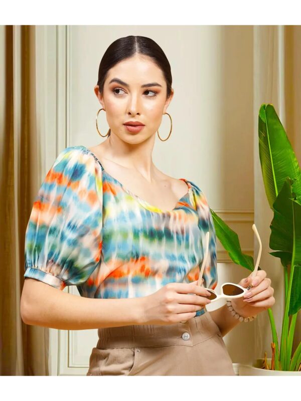 Multicolour Tie-Dye Puff Sleeve Crop Top for Women