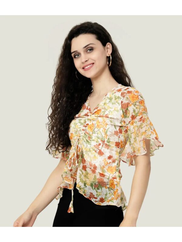Orange Floral Front Tie-Up Top for Women