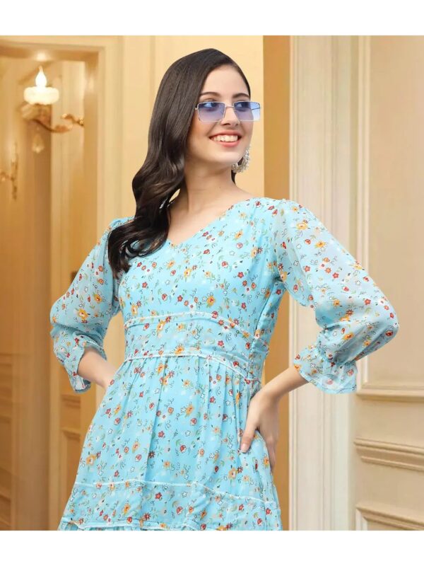 Sky Blue Floral Midi Tiered Dress for Women