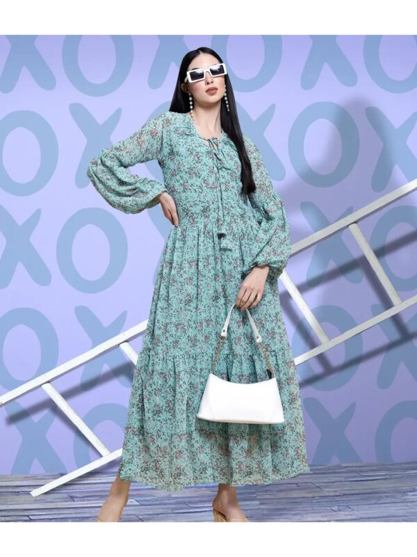 Green Floral Tie-Up Maxi Dress for Women