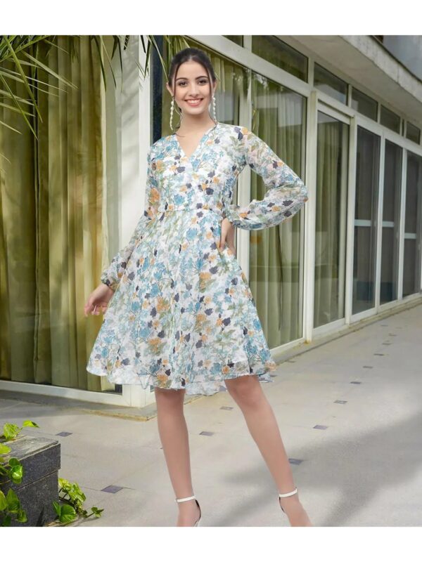 White Floral Midi A-line Dress for Women