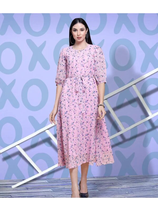Pink Floral Midi A-line Dress for Women