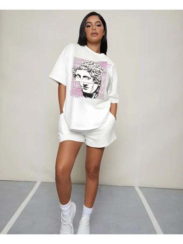 Solid Oversized Graphic T-shirt Co-ord Set for Women